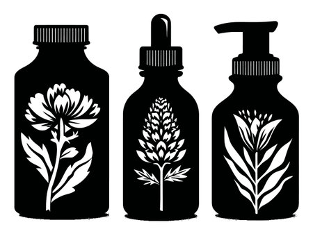 Explore stunning vintage floral engravings of herbal bottles, capturing the essence of nature in stylish silhouette designs perfect for artistic projects.のイラスト素材