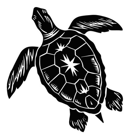 This artistic black and white engraving of a flying turtle showcases intricate designs and details, ideal for marine-themed decor and wildlife illustrations.のイラスト素材