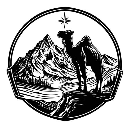 A striking illustration of a camel standing majestically on a rocky outcrop, surrounded by towering mountains and a star overhead, embodying adventure.のイラスト素材