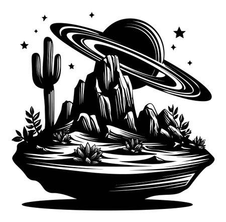 This surreal illustration features a stunning landscape with mountains, Saturn, and desert flora, creating a dreamlike scene perfect for artistic projects.のイラスト素材