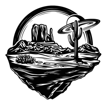 A striking black and white engraving style illustration showcasing a surreal desert landscape. Features include a majestic cactus, distant mountains, and the planet Saturn, creating an otherworldly scene.のイラスト素材
