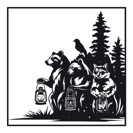Engraved style illustration featuring three animals holding lanterns in a serene forest setting, perfect for nature lovers and artistic decor.のイラスト素材