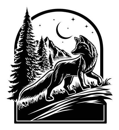 A captivating engraving of a fox standing gracefully amidst tall trees, under a crescent moon and twinkling stars, showcasing the beauty of wildlife in nature.のイラスト素材