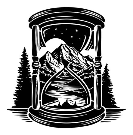 Captivating black and white engraving of an hourglass featuring a serene mountain landscape, capturing timeless beauty and nature's majesty.のイラスト素材
