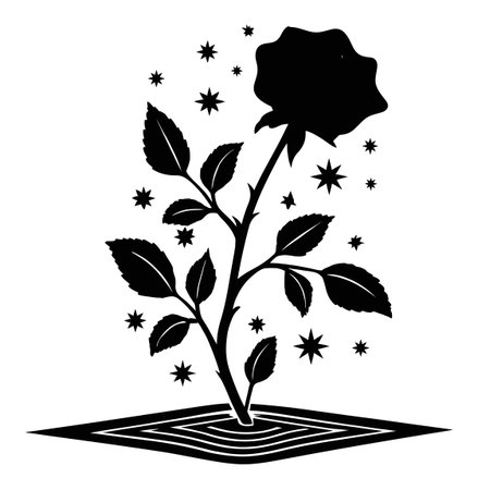 A stunning black engraving of a rose with surrounding stars, creating a surreal floral illustration. Perfect for nature-themed projects, art, and decor.のイラスト素材