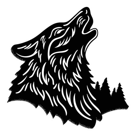 This artistic engraving-style illustration features a howling wolf silhouette surrounded by pine...