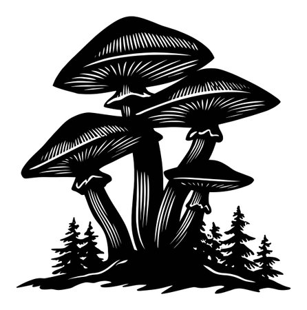 This black and white engraving depicts a cluster of mushrooms surrounded by stylized trees, highlighting the intricate details of nature's flora in a captivating artistic form.のイラスト素材