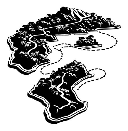 Engraved illustration showcasing a tropical island landscape featuring winding pathways and lush palm trees, representing nature's beauty and adventurous travel.のイラスト素材