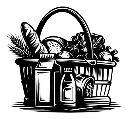 A hand-drawn illustration of a produce basket filled with fresh vegetables and dairy products, showcasing the importance of healthy eating and farm-to-table ingredients.のイラスト素材