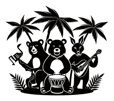 This whimsical illustration features fun woodland animals, a bear playing a drum and a rabbit strumming a guitar, set against a tropical backdrop.のイラスト素材