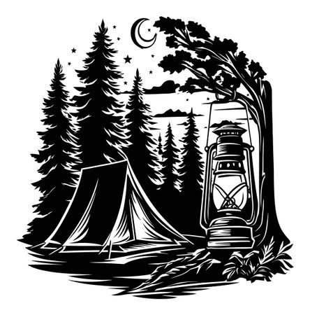 A captivating black and white illustration showcasing a peaceful camping scene with a lantern, tent, and surrounding pine trees under a starry night sky.のイラスト素材