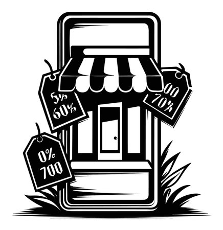 A creative engraving featuring a storefront design with discount tags displaying various percentages. Perfect for retail and advertising themes.のイラスト素材
