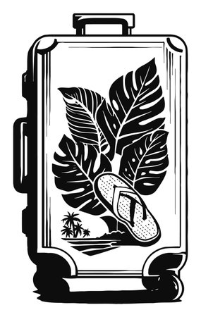 A striking black and white engraving featuring a suitcase adorned with tropical leaves and sandals, perfect for travel or vacation themes.のイラスト素材