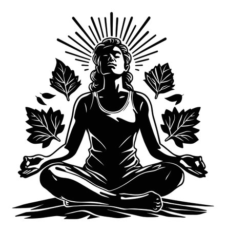 This detailed engraving features a peaceful woman meditating amidst leaves and rays of light, symbolizing tranquility and inner harmony, perfect for wellness themes.のイラスト素材