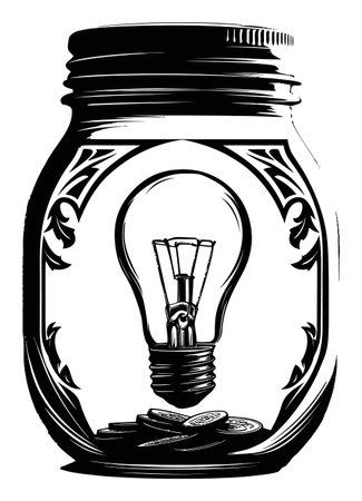 This vintage engraving illustrates a light bulb encased in a jar filled with coins, symbolizing creativity and savings. A perfect addition for artistic or financial themes.のイラスト素材
