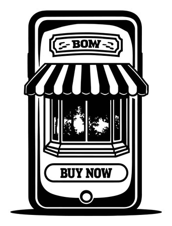 Engaging black and white illustration of a vintage phone showcasing a storefront with a "Buy Now" message, perfect for retail and ecommerce themes.のイラスト素材