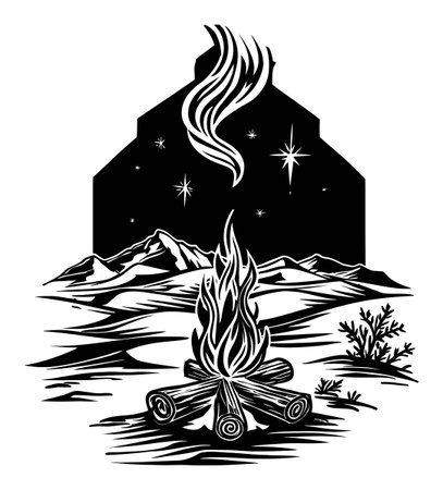 This striking black and white engraving depicts a campfire surrounded by mountains and stars, capturing the essence of wilderness and outdoor adventure.のイラスト素材