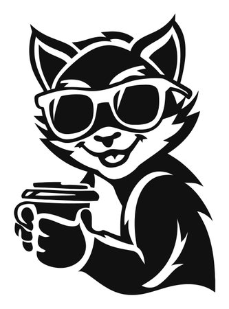 This playful illustration features a stylish cat in sunglasses enjoying a coffee cup. The design exudes charm and humor, perfect for various creative projects.のイラスト素材