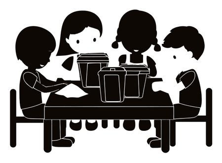 Group of children engaged in art activities at a table with storage bins, showcasing creativity and collaboration in a classroom setting through interactive play.のイラスト素材