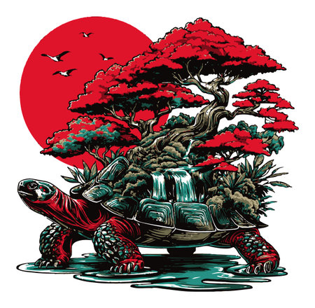 This stunning illustration features a majestic turtle adorned with a vibrant tree and waterfall, set against a bold red sun, creating a harmonious nature scene.のイラスト素材