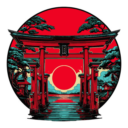 This stunning illustration features a traditional Japanese torii gate silhouette against a vibrant red sky, evoking a sense of tranquility and cultural heritage, perfect for art enthusiasts.のイラスト素材