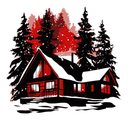 Beautiful illustration of a cozy cabin set in a serene winter landscape, surrounded by pine trees and gentle snowfall. Perfect for seasonal themes.のイラスト素材