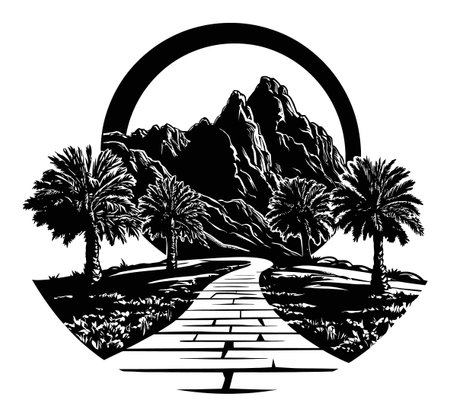 Stunning black and white engraving featuring a mountain landscape with palm trees. A winding path leads through a serene and peaceful natural setting, perfect for artistic uses.のイラスト素材