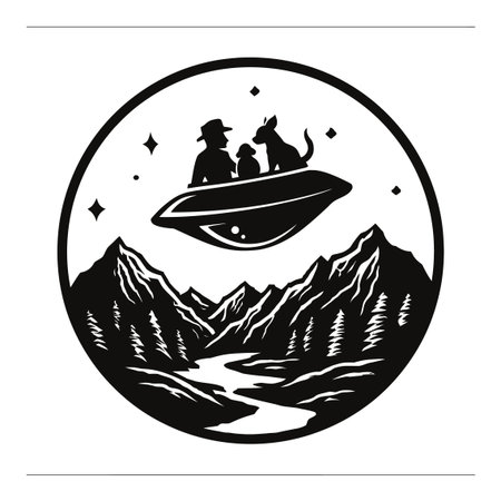 This vintage engraving features a man, dog, and alien in a UFO above scenic mountains, capturing an imaginative and adventurous moment in nature.のイラスト素材