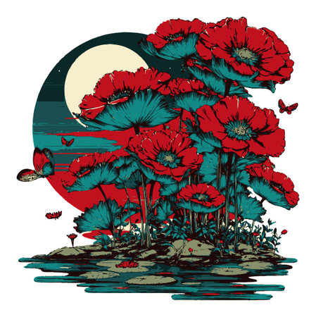 Explore a striking floral silhouette illuminated by a bold moon, featuring vibrant red flowers and delicate butterflies, perfect for artistic decor.のイラスト素材