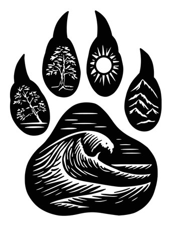 This striking engraving showcases a wild animal paw intertwined with natural elements. The design features a wave, trees, mountains, and a sun, creating a harmonious blend of wildlife and nature.のイラスト素材