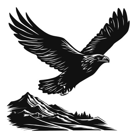 A striking black and white illustration of an eagle in flight over a mountainous landscape, emphasizing freedom and majestic wildlife in nature's beauty.のイラスト素材