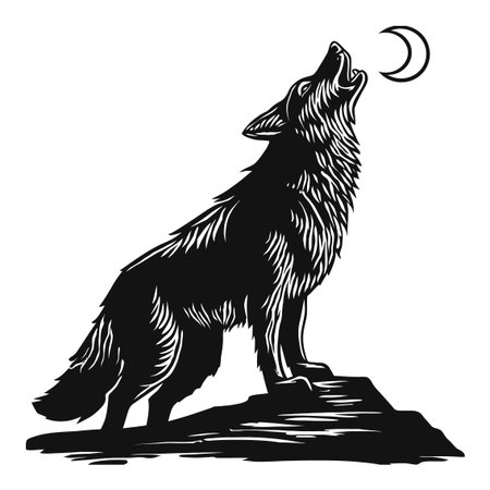 A striking black and white engraving of a majestic wolf howling at a crescent moon. This artwork captures the essence of wildlife and nature's beauty.のイラスト素材