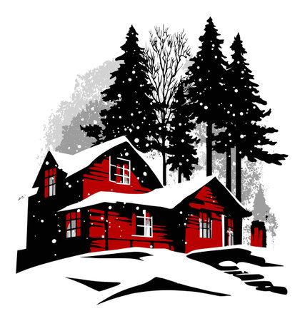 This artistic illustration features a cozy red cabin nestled among tall pine trees, blanketed in snow, creating a serene winter scene perfect for seasonal themes.のイラスト素材