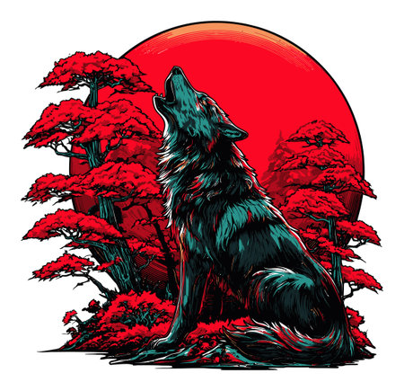 This striking illustration features a wolf silhouette howling against a vibrant red sun and surrounding trees, capturing a dramatic scene in nature.のイラスト素材