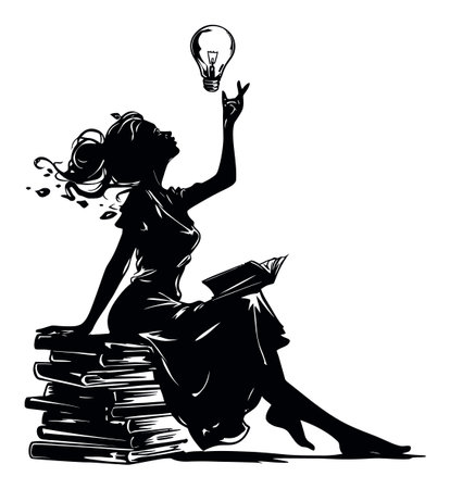 This artistic illustration features a graceful woman sitting atop a stack of books, holding a light bulb. This image symbolizes creativity and inspiration, ideal for educational themes.のイラスト素材