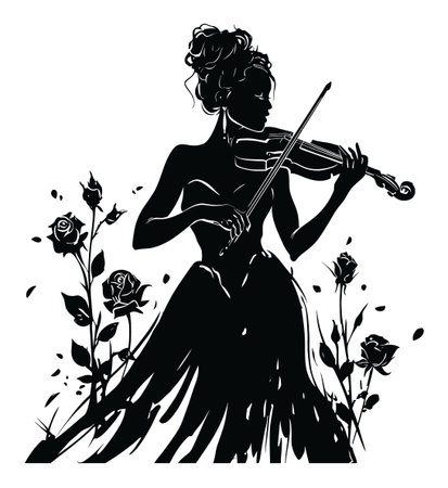 A stunning black silhouette of a woman playing the violin amidst elegant roses. This artwork exudes beauty and grace, perfect for music and art themes.のイラスト素材