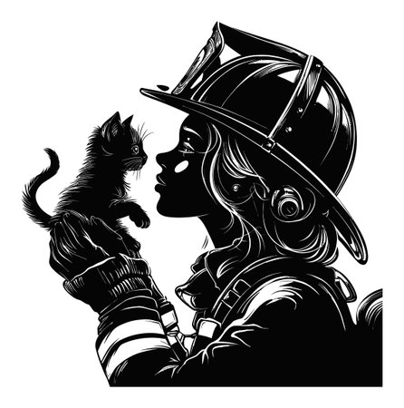 A heartfelt illustration depicting a woman firefighter holding a small black cat, showcasing a touching bond. Perfect for themes of bravery, animal rescue, and companionship.のイラスト素材