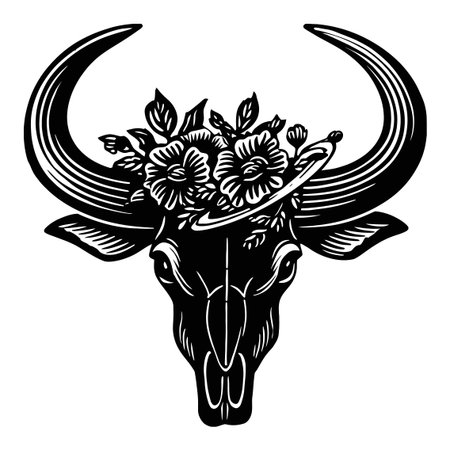 This striking black-and-white engraving depicts a bull skull adorned with flowers, showcasing a blend of nature and rustic art elements that enhance any decor.のイラスト素材