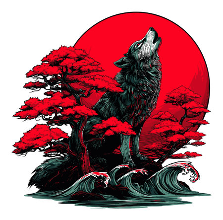 This striking artwork features a wolf silhouette howling against a vivid red sunset, surrounded by...