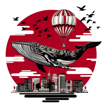 Vivid abstract illustration featuring a whale flying with a hot air balloon over a city skyline, blending nature and urban artistry, evoking adventure and creativity.のイラスト素材