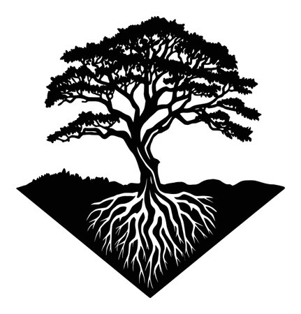 A striking black and white engraving of a tree with visible roots showcases nature's beauty and strength, suitable for various design projects.のイラスト素材