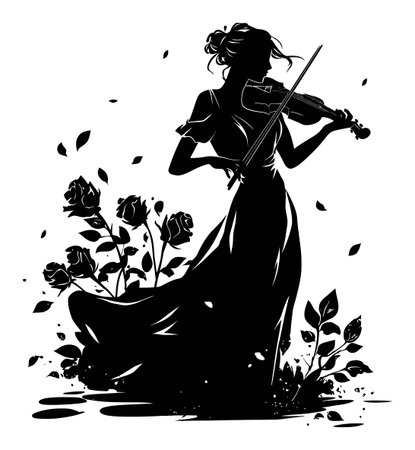 A beautiful silhouette of a woman playing a violin, gracefully surrounded by flowing roses and leaves, capturing the essence of music and nature in elegant artistry.のイラスト素材