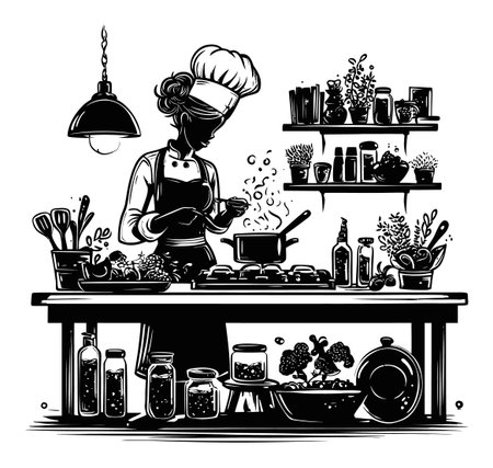 This elegant black and white engraving features a chef in a cozy kitchen, capturing the essence of culinary creativity through a stylish silhouette. Perfect for food and cooking themes.のイラスト素材