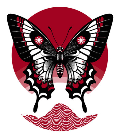 This artwork features an elegant butterfly design with intricate details, set against a bold red circle. The abstract wave pattern adds a dynamic touch, making it ideal for artistic projects.のイラスト素材