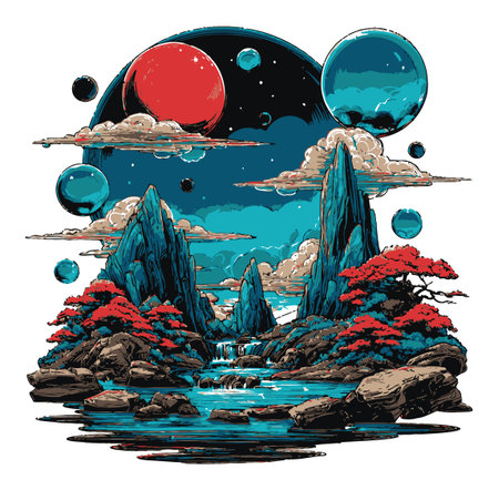 A stunning illustration featuring vibrant silhouettes of mountains and colorful planets in a whimsical sky. Perfect for enhancing creative projects.のイラスト素材