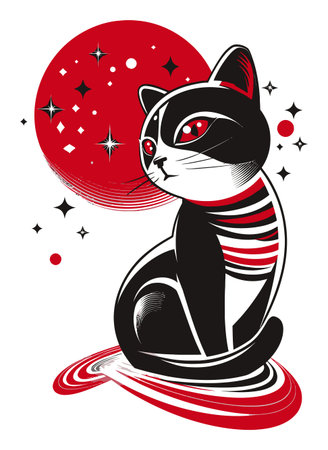 This abstract illustration features a feline character in a cosmic setting, blending red and black colors, along with whimsical elements that evoke charm and wonder.のイラスト素材