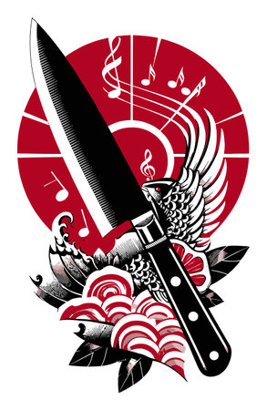 An eye-catching illustration featuring a bold knife and a bird, intertwined with musical notes. The vibrant red background enhances the dynamic composition, making it ideal for artistic and culinary themes.のイラスト素材