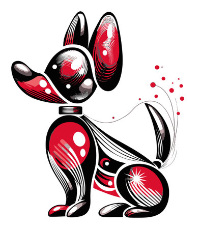 This vibrant abstract illustration features a playful dog in a unique modern art style, capturing a cheerful spirit through colorful shapes and bold lines.のイラスト素材