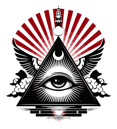 This abstract illustration features a central eye within a pyramid, surrounded by radiant rays and dynamic elements, symbolizing vision and enlightenment in a striking design.のイラスト素材
