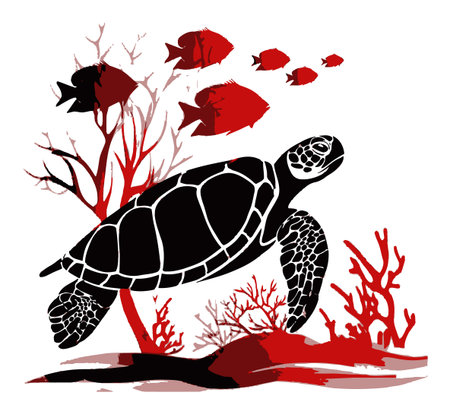 Stunning illustration of a black and red sea turtle swimming among vibrant coral and fish, showcasing the beauty of marine life in a striking graphic style.のイラスト素材
